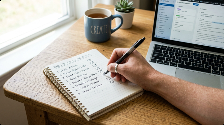 Hand writing checkmarks in a notebook checklist next to a laptop on a wooden table