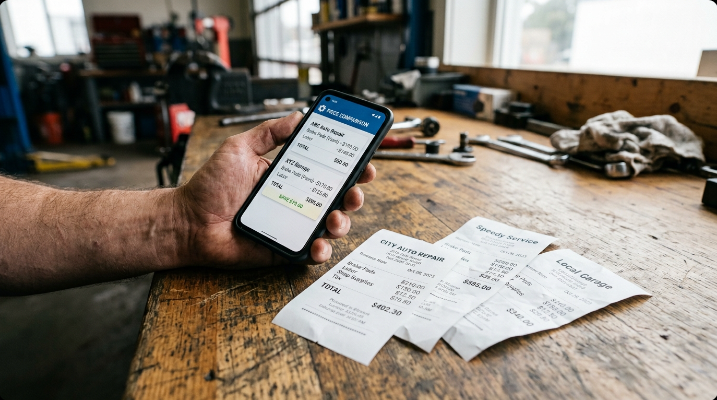 Hands comparing appliance parts receipts with a price comparison on a smartphone at a kitchen counter