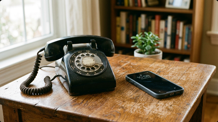 Two hands, one holding a smartphone showing a text message thread, the other resting on an old rotary telephone handset, symbolizing the shift from calls to texting