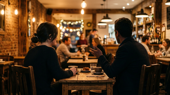 Two people having a genuine face-to-face conversation at a small table, with a smartphone lying face down and blurred beside them