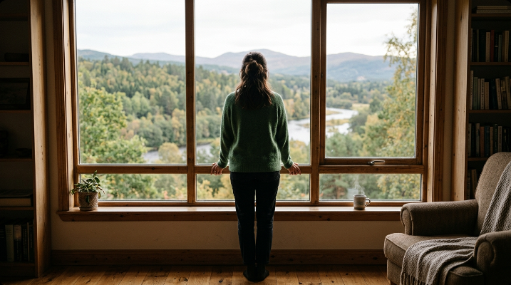 Person standing by a window taking a short calm break, looking outside