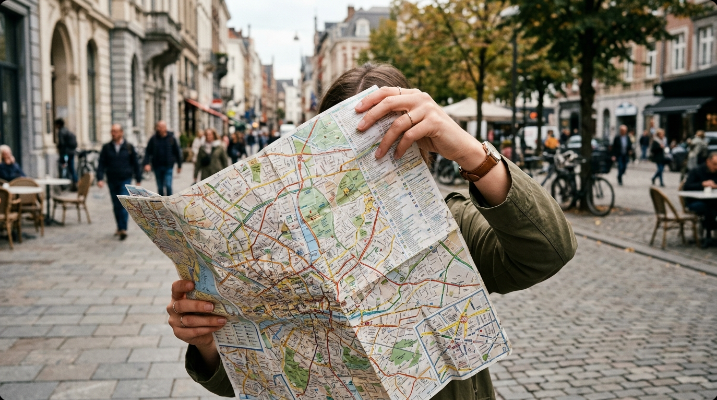 Close-up of two hands unfolding and holding a paper city map on a street