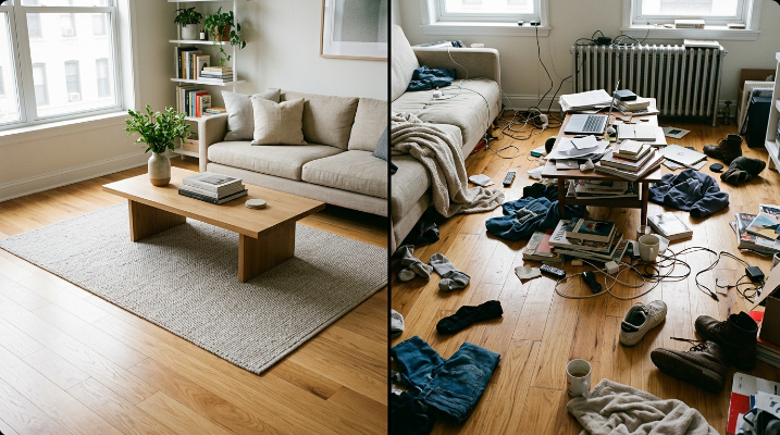 Tidy carpeted bedroom floor with a doorway opening onto a clean hardwood living room floor