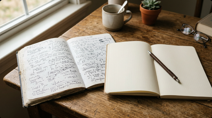 Two open notebooks on a wooden desk with coffee, one filled with dense notes and one nearly empty