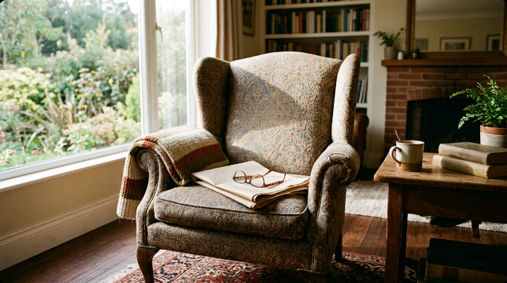 Cozy armchair by a window with a folded newspaper and reading glasses resting on the arm