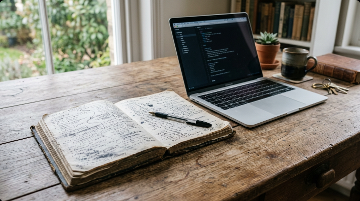 Notebook covered in crossed-out password attempts next to a sticky note and coffee mug on a desk