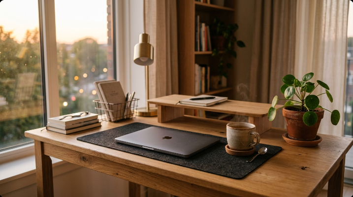 Tidy home office desk at evening with a closed laptop, stacked folders, and a cup of tea