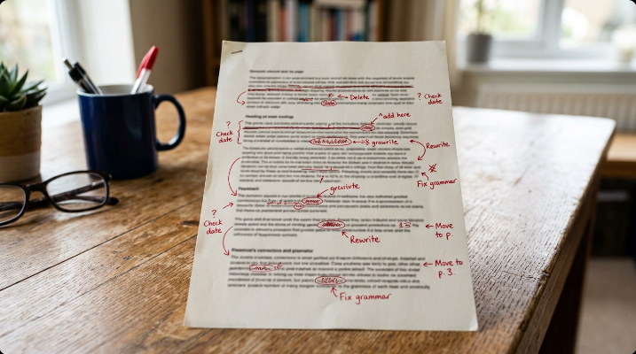 Two printed emails side by side on a desk, one covered in red editing marks and the other clean