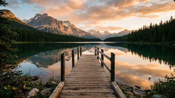 Wooden dock extending into a calm lake surrounded by mountains at golden hour