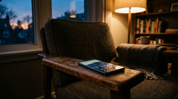 Phone resting on the wooden armrest of an armchair in a dim living room at dusk