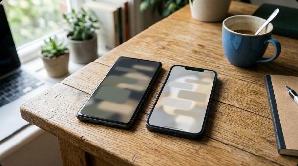 Two smartphones side by side on a desk showing different abstract chat conversations