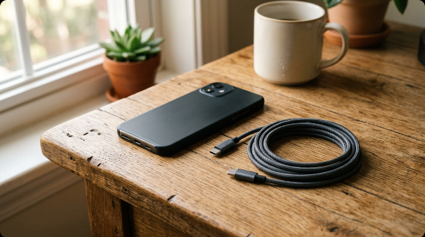 Smartphone resting on a wooden desk next to a neatly coiled charging cable