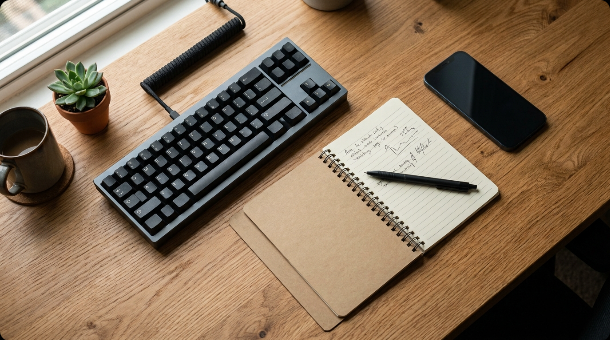 Overhead view of a mechanical keyboard and a smartphone lying screen-down on a wooden desk, with a notebook and pen between them