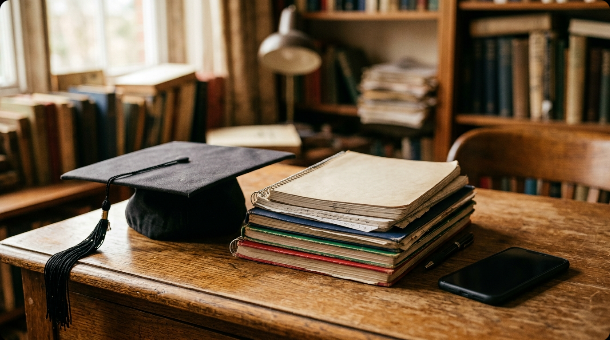 An old graduation cap resting beside a stack of notebooks and a smartphone on a wooden desk