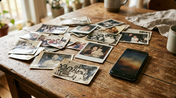A stack of old family photographs scattered on a wooden table beside a smartphone