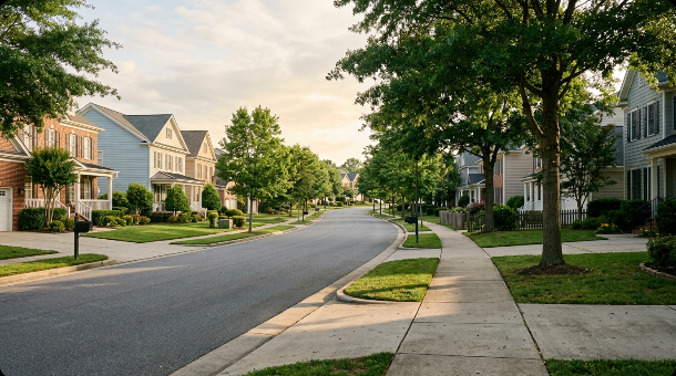 A quiet suburban residential street lined with trees and houses in soft morning light
