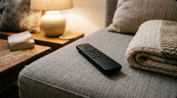 A plain TV remote control resting on a couch cushion next to a folded knit blanket