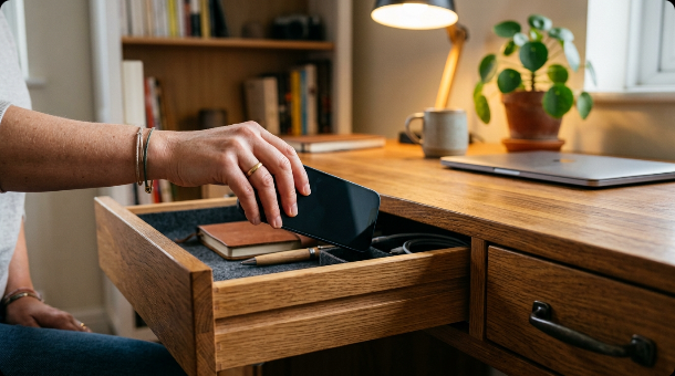 A hand placing a smartphone into a wooden desk drawer, screen off