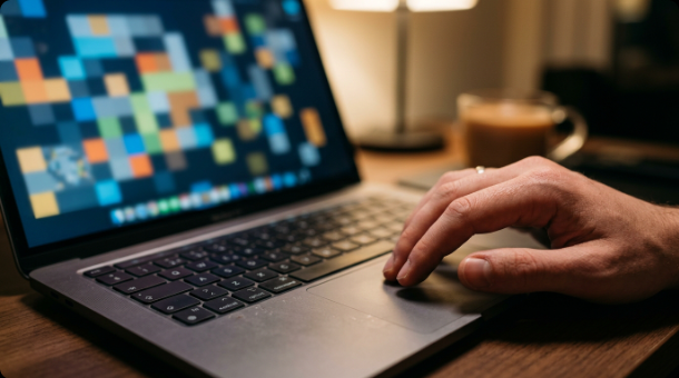 A laptop screen showing a blurred abstract colorful puzzle grid, a hand resting on the trackpad