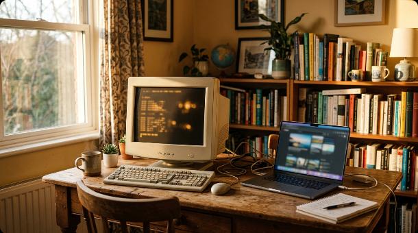 A vintage desktop computer monitor next to a modern laptop on a wooden desk, symbolizing the evolution of the internet