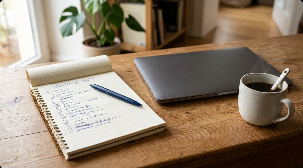 A handwritten checklist notepad next to a closed laptop and a cup of coffee on a wooden desk