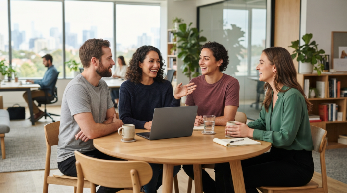 Three colleagues talking around a meeting table in a bright office