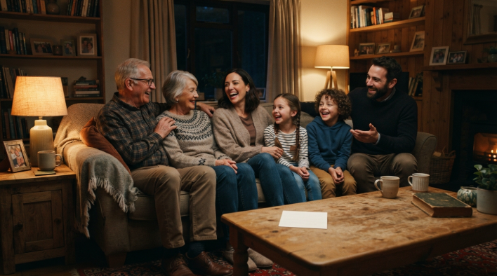 Multigenerational family talking together on a sofa in the living room