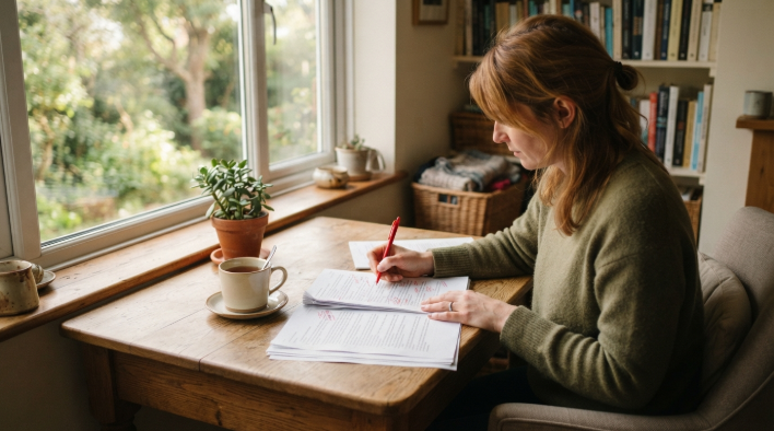 Person marking edits on printed pages with a red pen by a window