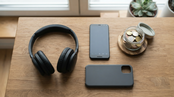 Budget phone, headphones, phone case and a savings jar on a desk