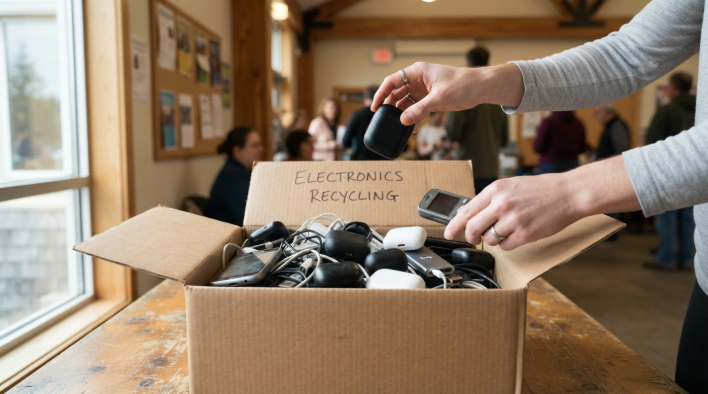 Old earbuds and small electronics dropped into an e-waste recycling box
