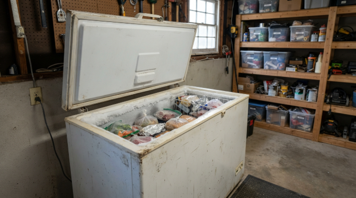 Old chest freezer in a garage, a hidden source of high electricity use