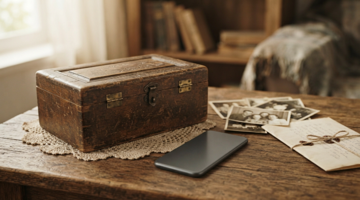 Wooden keepsake box, old family photos and a smartphone on a table