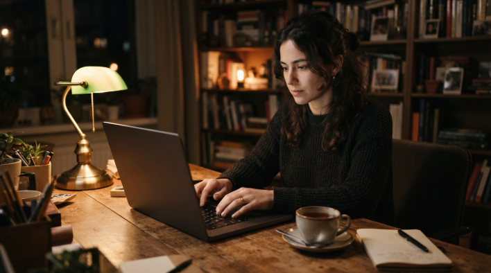 Woman typing a thoughtful comment on a laptop at night