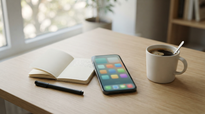 Tidy desk with a smartphone, notebook and coffee after a screenshot cleanup