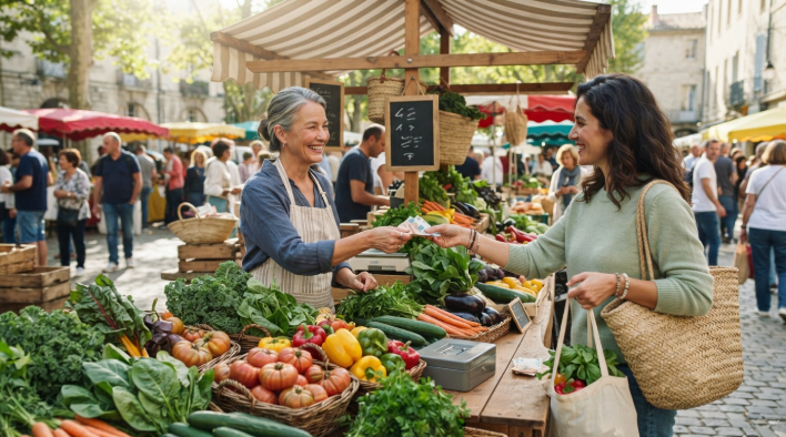Customer paying a vendor with cash at an outdoor farmers market