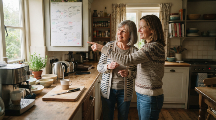 Two women checking a shared paper calendar in the kitchen