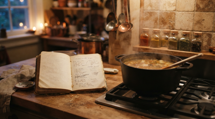 Handwritten recipe notebook beside a pot of simmering soup