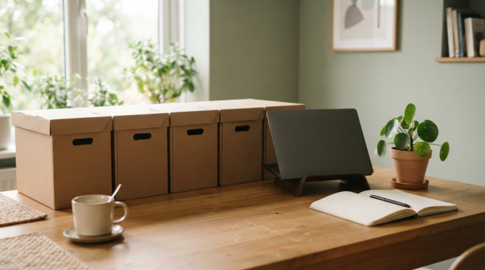 Desk with archive boxes and a laptop for saving web pages