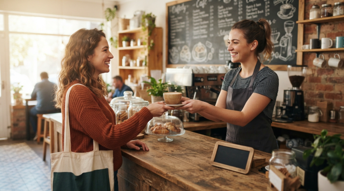 Barista handing a coffee to a smiling customer at the counter