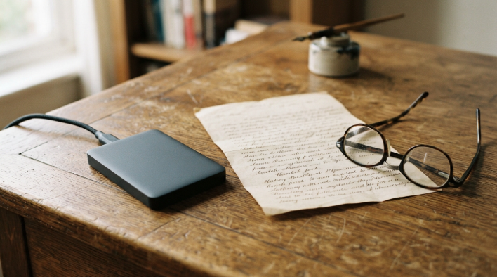 External hard drive next to an old handwritten letter and reading glasses