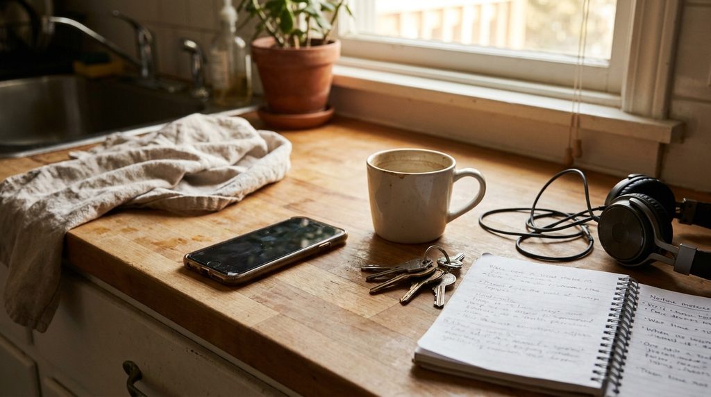 Smartphone surrounded by everyday objects in a modern home