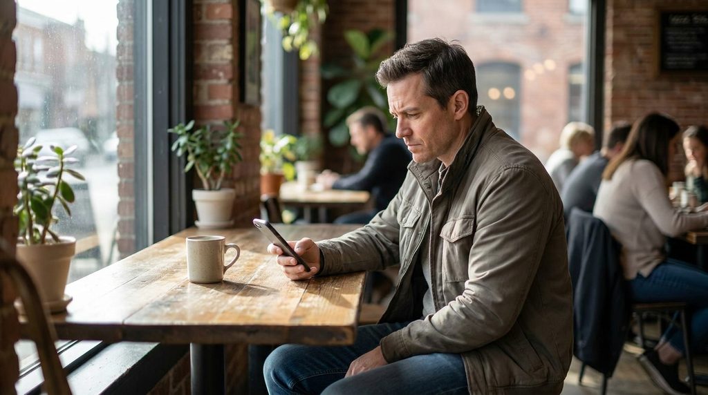 Person distracted by a smartphone while sitting at a coffee shop