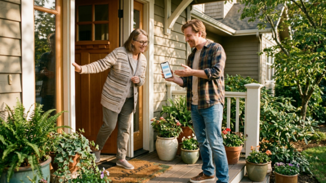 Two neighbors on a doorstep using a phone translation app