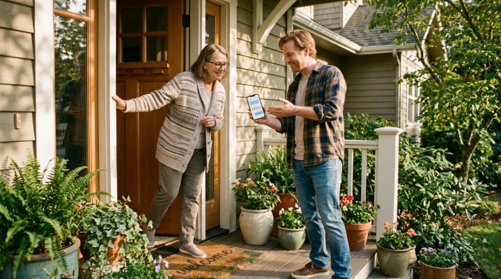 Two neighbors on a doorstep using a phone translation app