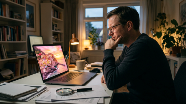Person looking skeptically at a perfect landscape photo on a laptop