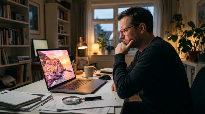 Person looking skeptically at a perfect landscape photo on a laptop