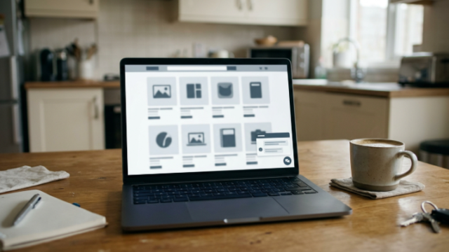 Laptop showing a generic online shop page with an AI assistant panel