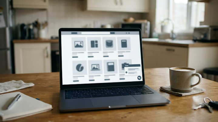 Laptop showing a generic online shop page with an AI assistant panel