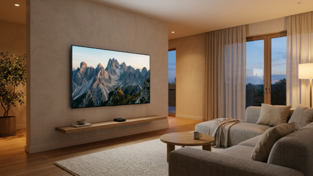 Minimalist living room with a simple display and small streaming box