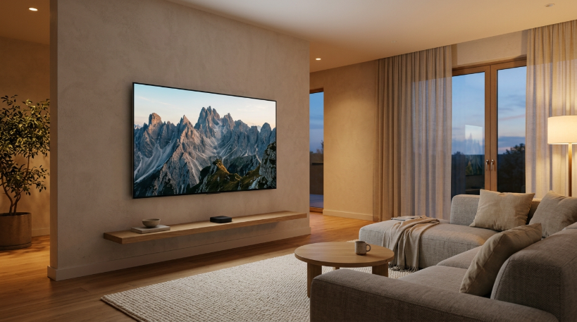 Minimalist living room with a simple display and small streaming box